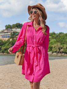 SHEIN VCAY Vestido camisero con cinturón - Rosa Fucsia - Ver 3