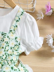 小女童碎花泡泡袖假兩件洋裝和包