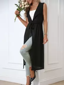 SHEIN LUNE Waterfall Collar Belted Vest Coat - Black - View 1