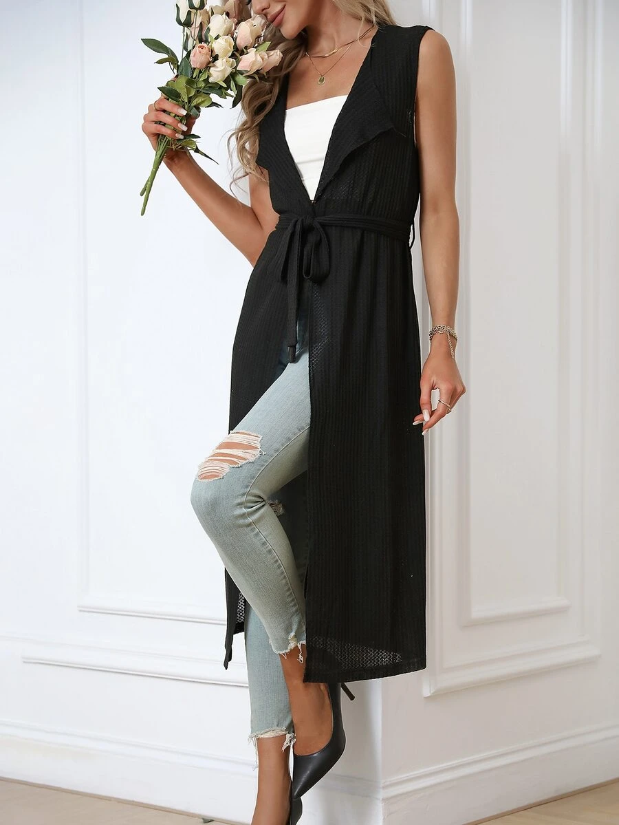 SHEIN LUNE Waterfall Collar Belted Vest Coat - Black - View 1