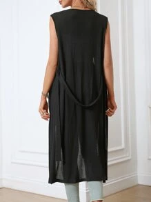 SHEIN LUNE Waterfall Collar Belted Vest Coat - Black - View 2