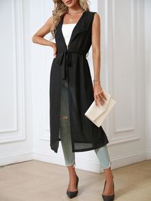 SHEIN LUNE Waterfall Collar Belted Vest Coat - Black - View 3