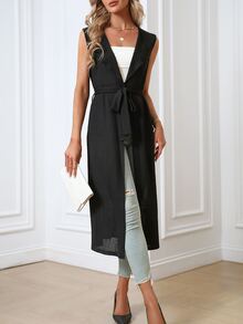 SHEIN LUNE Waterfall Collar Belted Vest Coat - Black - View 4