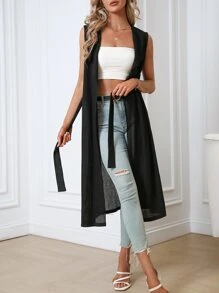 SHEIN LUNE Waterfall Collar Belted Vest Coat - Black - View 5