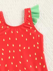 嬰兒滿版印花荷葉邊連體泳衣 - 紅色 - 查看 3