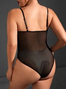 Plus Lace Up Front Lace Teddy Bodysuit - Black - View 2