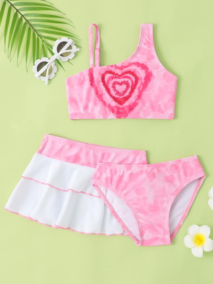 Young Girl Heart Print Asymmetrical Neck Bikini Set With Beach Skirt Summer Beach - Multicolor - View 1
