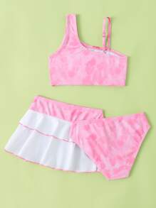 Young Girl Heart Print Asymmetrical Neck Bikini Set With Beach Skirt Summer Beach - Multicolor - View 2