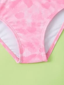 Young Girl Heart Print Asymmetrical Neck Bikini Set With Beach Skirt Summer Beach - Multicolor - View 4