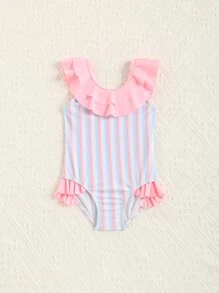 Baby Striped Ruffle Trim One Piece Swimsuit - Multicolor - View 5