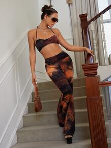 SHEIN ICON Tie Dye Backless Crop Halter Top - Brown - View 6