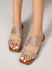 Women Double Strap Metallic Flat Sandals, Glamorous Champagne Glitter Slide Sandals - Champagne - View 3