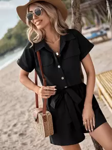 SHEIN VCAY Áo liền quần nữ Thắt lưng Nút phía trước màu trơn Giải trí - màu đen - Xem 1