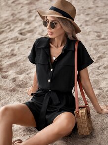 SHEIN VCAY Áo liền quần nữ Thắt lưng Nút phía trước màu trơn Giải trí - màu đen - Xem 3