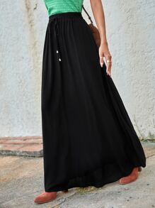 SHEIN LUNE 腰上打結素色超長半身裙 - 黑色 - 查看 5