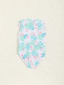 Baby Leaf Print Ruffle Trim Zipper Front One Piece Swimsuit - Multicolor - View 2