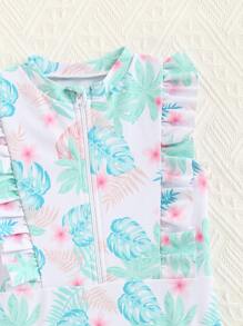 Baby Leaf Print Ruffle Trim Zipper Front One Piece Swimsuit - Multicolor - View 3