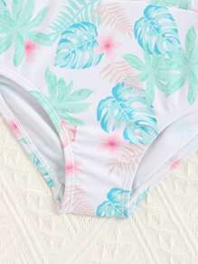 Baby Leaf Print Ruffle Trim Zipper Front One Piece Swimsuit - Multicolor - View 5
