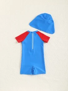 Baby Boy Cartoon Graphic Raglan Sleeve One Piece Swimsuit With Swim Cap - Blue - View 2