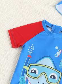 Baby Boy Cartoon Graphic Raglan Sleeve One Piece Swimsuit With Swim Cap - Blue - View 3