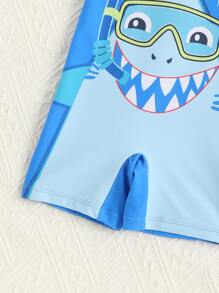 Baby Boy Cartoon Graphic Raglan Sleeve One Piece Swimsuit With Swim Cap - Blue - View 4