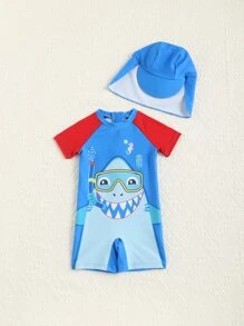 Baby Boy Cartoon Graphic Raglan Sleeve One Piece Swimsuit With Swim Cap - Blue - View 5