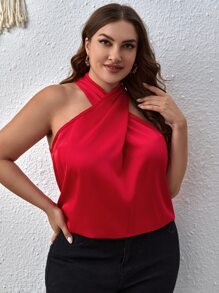 SHEIN Privé 大碼素色掛脖上衣 - 紅色 - 查看 4