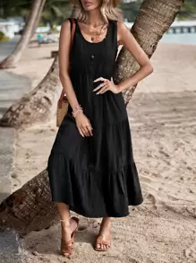 SHEIN VCAY 素色荷葉邊娃娃裙 - 黑色 - 查看 3