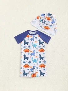 夏季寶寶男童可愛恐龍印花一件式泳裝,前拉鍊和遮陽帽適用於沙灘和水上活動 - 白色 - 查看 3