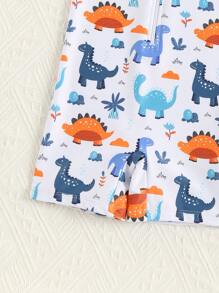 夏季寶寶男童可愛恐龍印花一件式泳裝,前拉鍊和遮陽帽適用於沙灘和水上活動 - 白色 - 查看 4