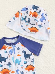 夏季寶寶男童可愛恐龍印花一件式泳裝,前拉鍊和遮陽帽適用於沙灘和水上活動 - 白色 - 查看 5