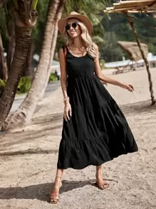 SHEIN VCAY 素色荷葉邊娃娃裙 - 黑色 - 查看 4