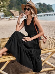 SHEIN VCAY 素色荷葉邊娃娃裙 - 黑色 - 查看 1