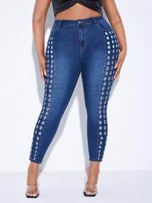 SHEIN SXY Plus Cut Out Skinny Jeans - Dark Wash - View 3