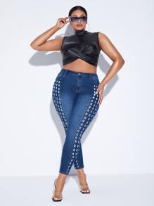 SHEIN SXY Plus Cut Out Skinny Jeans - Dark Wash - View 6