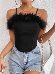 Allurite 毛茸邊吊帶上衣 - 黑色 - 查看 4