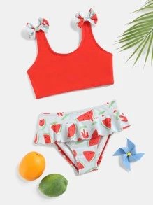 Young Girl Watermelon Print Bow Shoulder Ruffle Trim Bikini Set Summer Beach - Multicolor - View 1