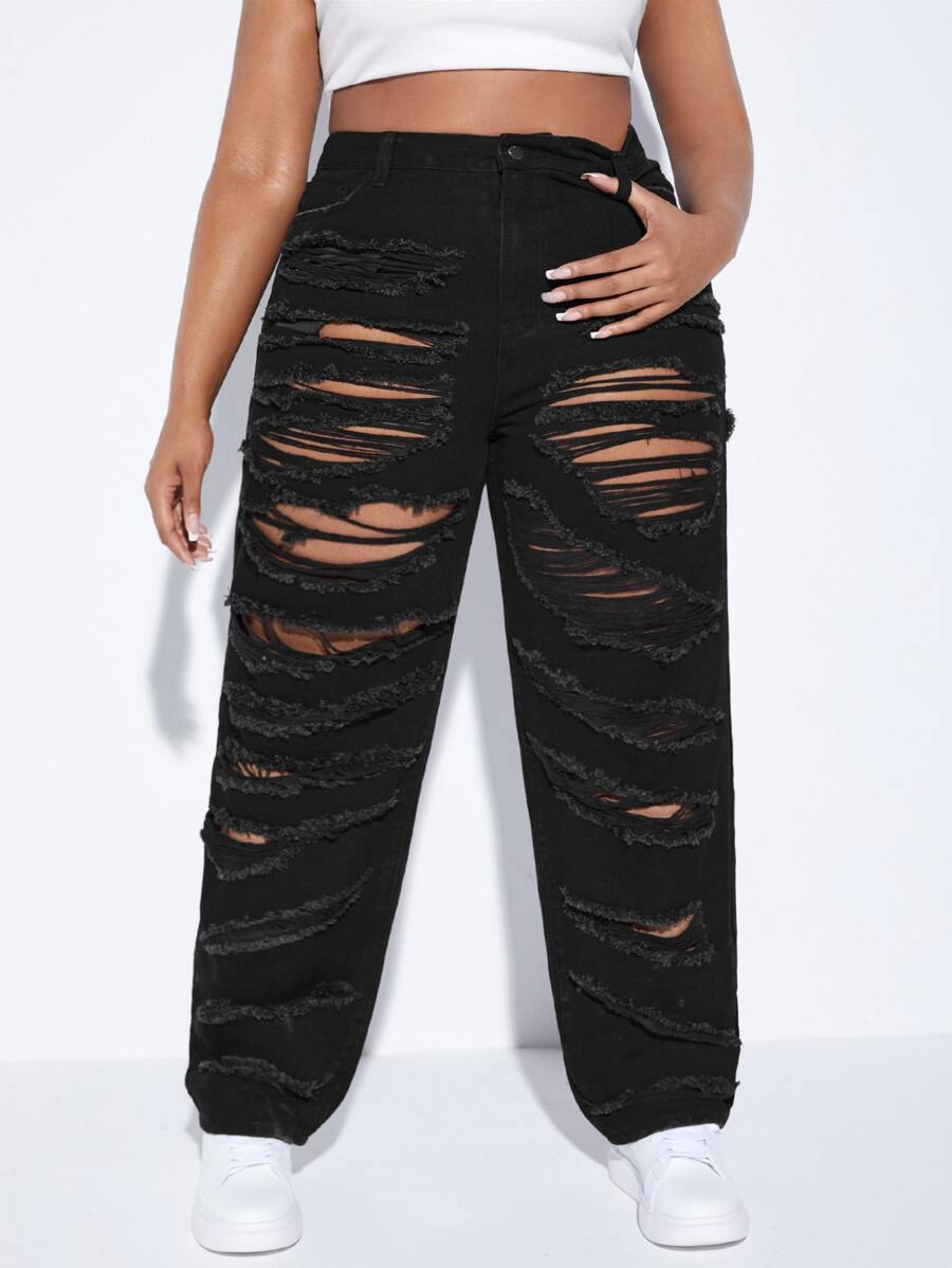SHEIN SXY Jeans de pierna recta de talle alto desgarro - Negro - Ver 1