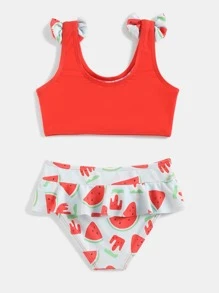 Young Girl Watermelon Print Bow Shoulder Ruffle Trim Bikini Set Summer Beach - Multicolor - View 2