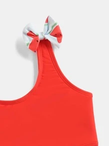 Young Girl Watermelon Print Bow Shoulder Ruffle Trim Bikini Set Summer Beach - Multicolor - View 3
