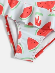 Young Girl Watermelon Print Bow Shoulder Ruffle Trim Bikini Set Summer Beach - Multicolor - View 5