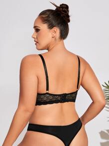 Plus Contrast Lace Underwire Lingerie Set - Black - View 2