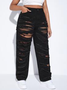 SHEIN SXY Jeans de pierna recta de talle alto desgarro - Negro - Ver 5