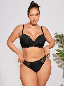 Plus Contrast Lace Underwire Lingerie Set - Black - View 3