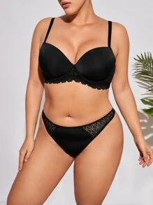 Plus Contrast Lace Underwire Lingerie Set - Black - View 4