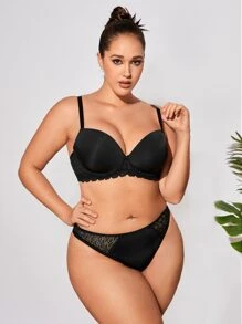 Plus Contrast Lace Underwire Lingerie Set - Black - View 5