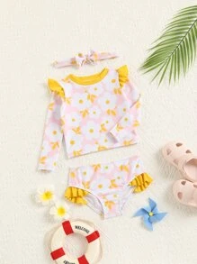 女婴花卉印花荷叶边沙滩装和头带夏季海滩 - 彩色 - 查看 1