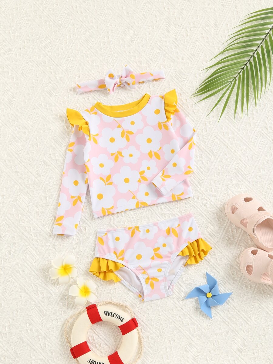 女婴花卉印花荷叶边沙滩装和头带夏季海滩 - 彩色 - 查看 1