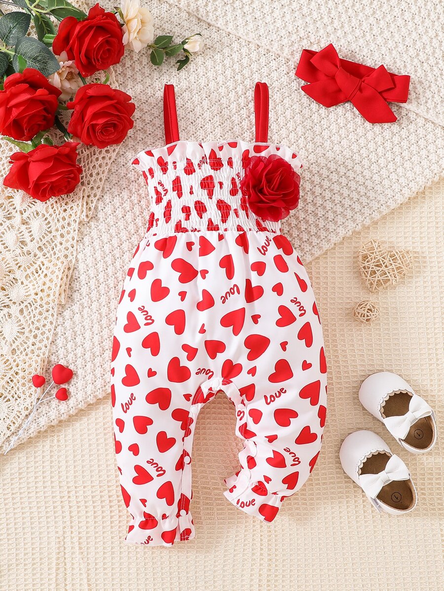 Baby Heart Print Ruffle Trim Floral Patched Cami Jumpsuit & Accessory Headband - Red and White - View 1