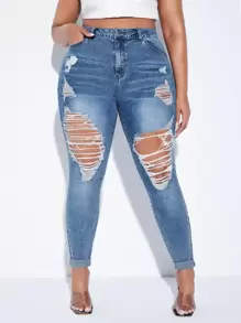 SHEIN Jeans ajustados desgarro - Azul lavado medio - Ver 1